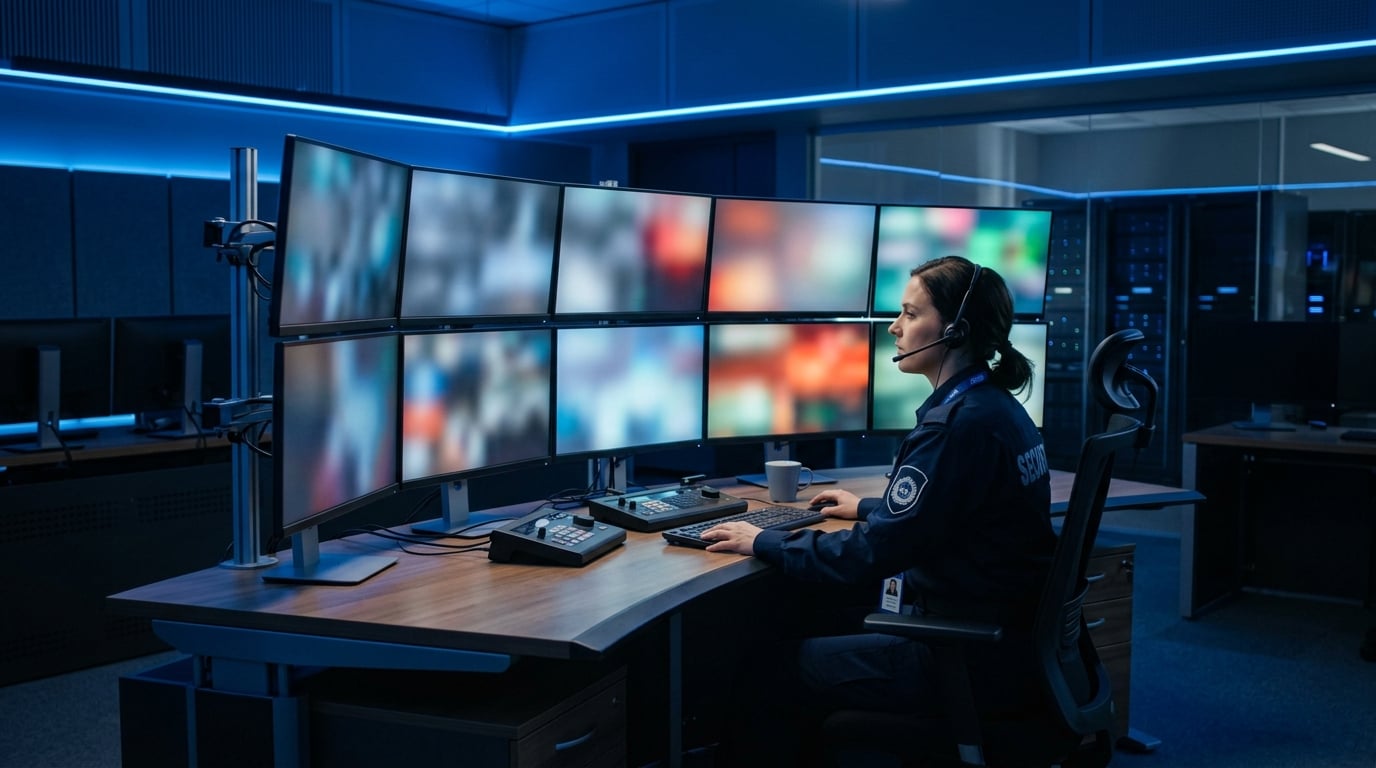 Central de monitoramento eletrônico com operador acompanhando câmeras de segurança